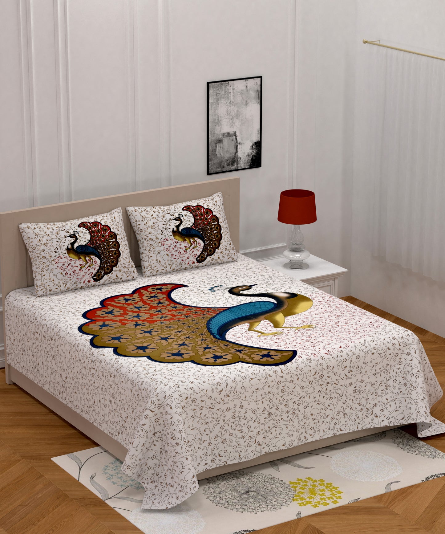 Sanganeri Jaipuri Printed Double Size Bedsheet With 2 Pillow Covers