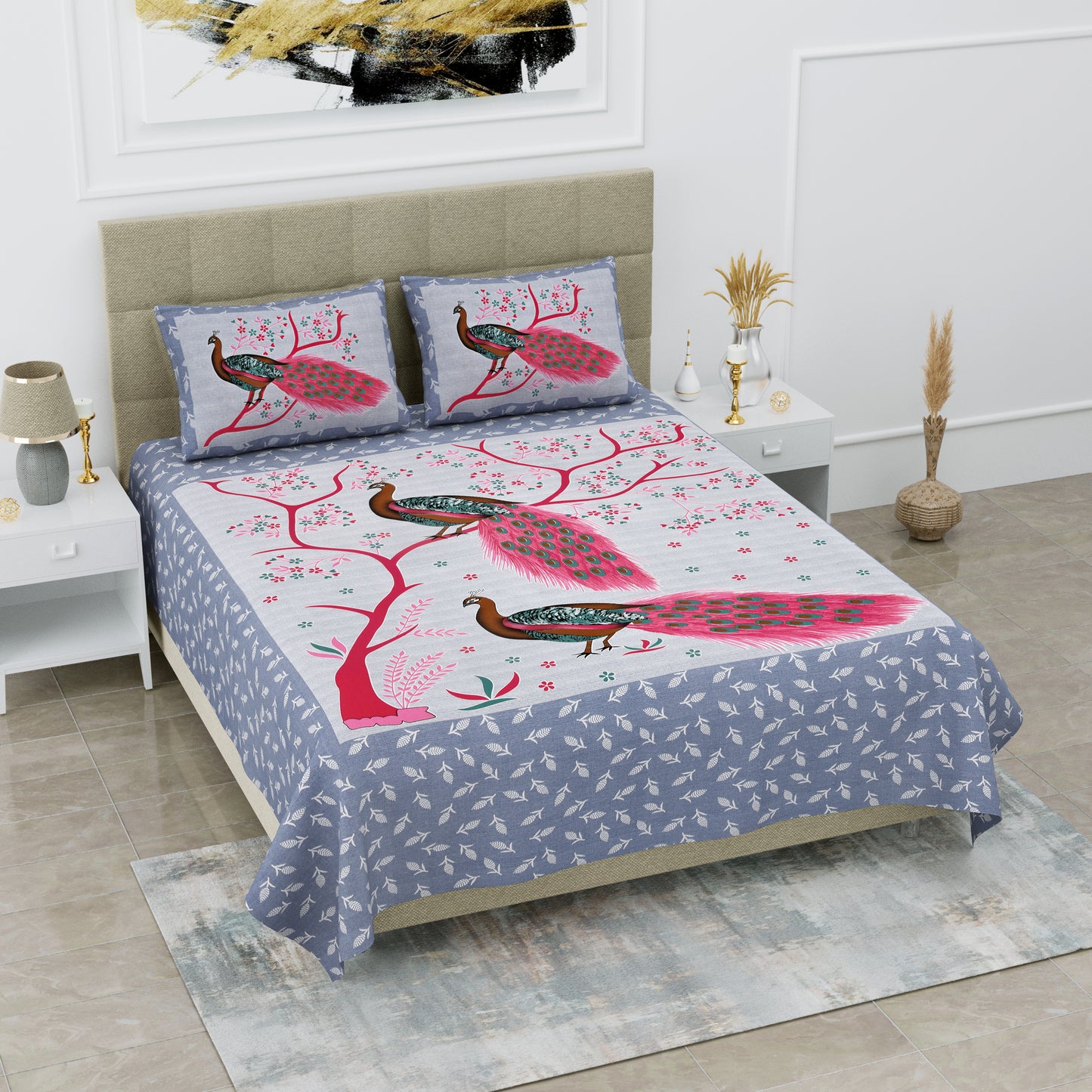 Sanganeri Jaipuri Printed Double Size Bedsheet With 2 Pillow Covers