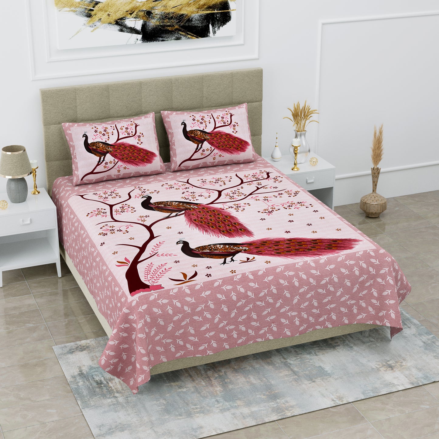 Sanganeri Jaipuri Printed Double Size Bedsheet With 2 Pillow Covers