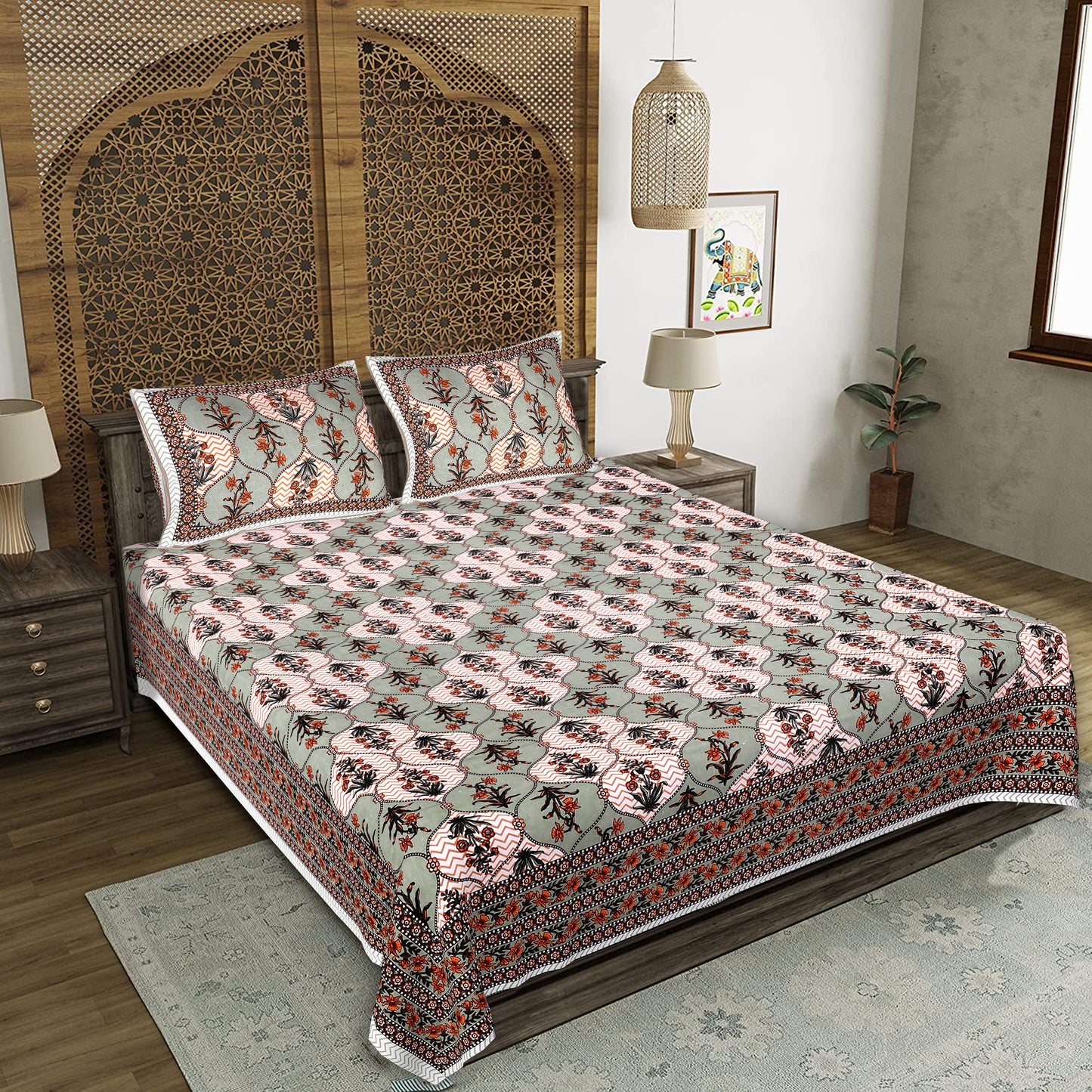 Rajasthani Jaipuri Traditional King Size Bedsheet With 2 Pillow Covers