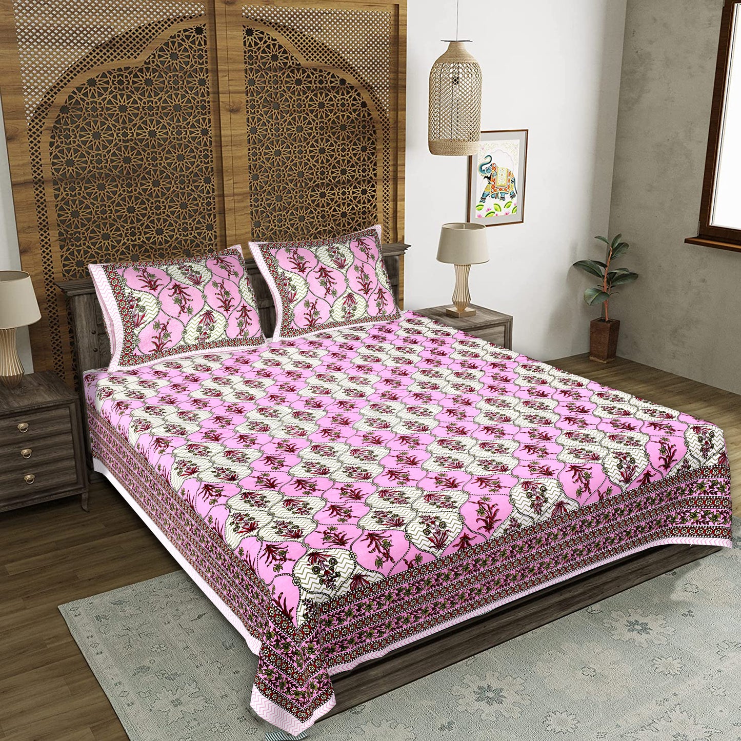 Rajasthani Jaipuri Traditional King Size Bedsheet With 2 Pillow Covers