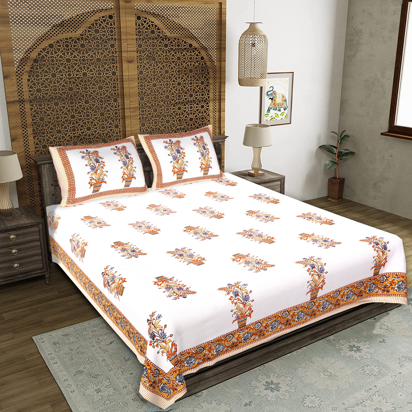 Rajasthani Jaipuri Traditional King Size Bedsheet With 2 Pillow Covers