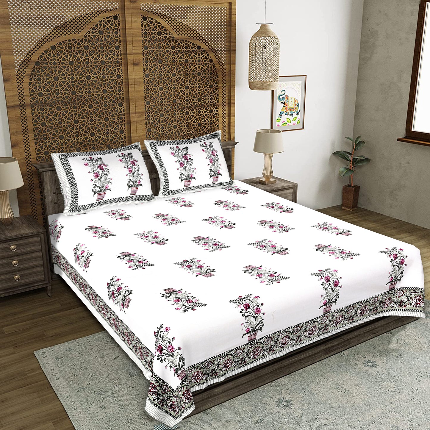 Rajasthani Jaipuri Traditional King Size Bedsheet With 2 Pillow Covers